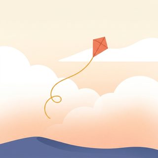 A flat illustration of a kite climbing over a bank of clouds, its string trailing loose below it.