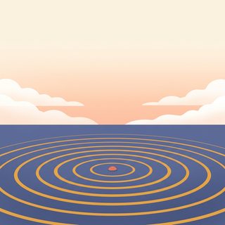 A flat illustration of a small point sending wide rings out across a dark surface, under a warm sky.