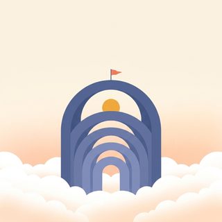 A flat illustration of nested archways rising out of a bank of clouds, a small sun inside them and a flag at the top.