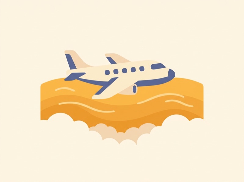 A flat illustration of a small airliner flying over a band of golden cloud.
