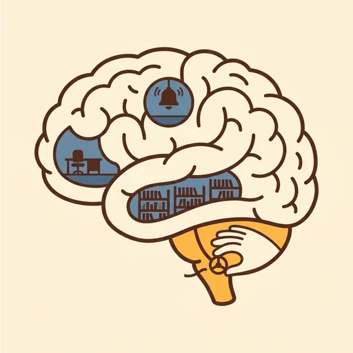 The brain drawn as a cozy house, the brainstem's brake room easing off