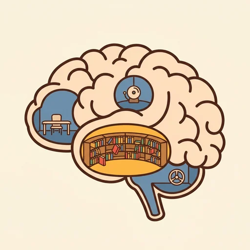 The brain drawn as a cozy house, the hippocampus library re-shelving a memory