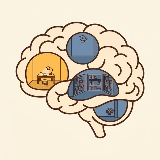 The brain drawn as a cozy house, the prefrontal office lit and working
