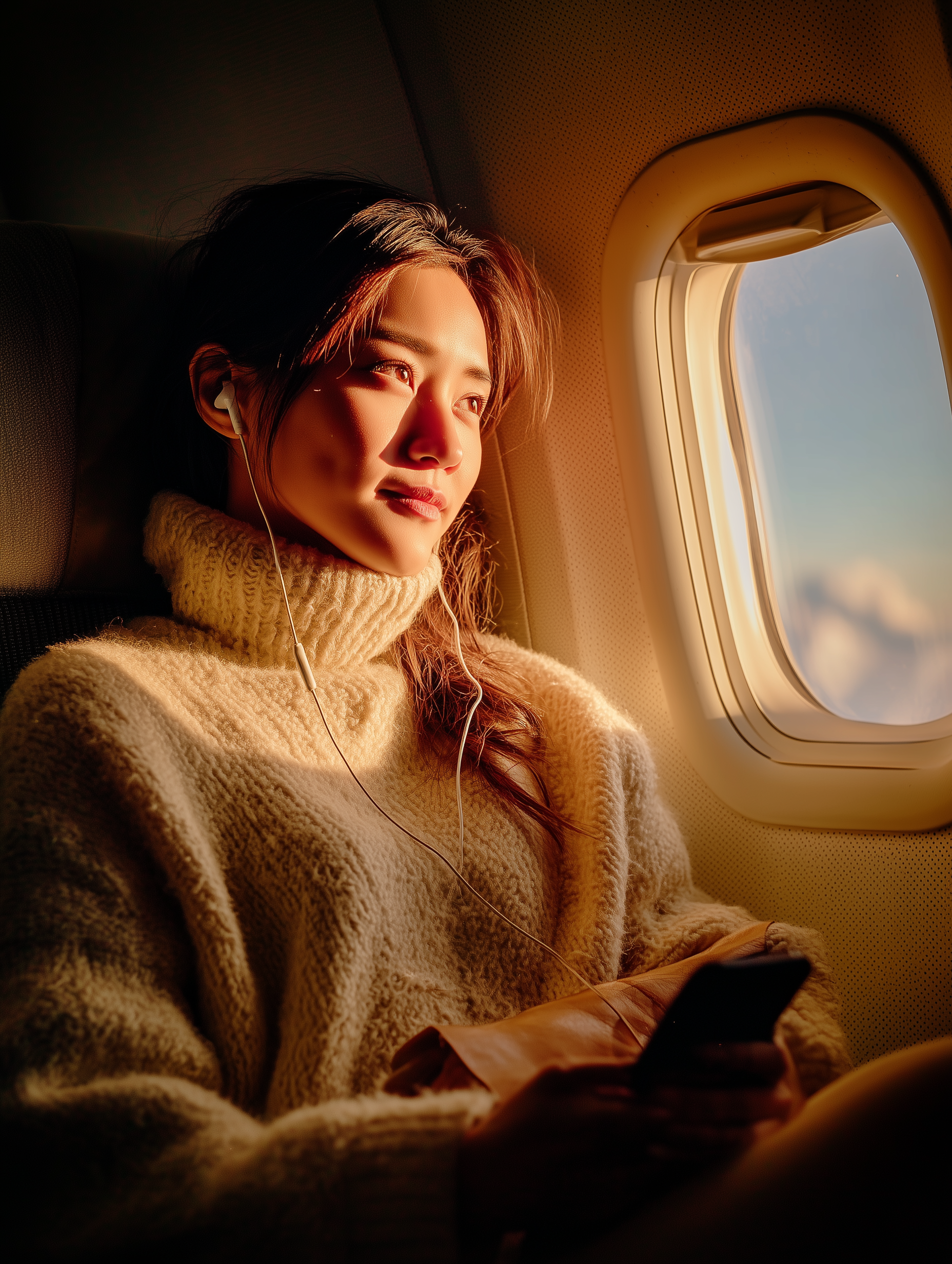 Person calmly using phone during flight